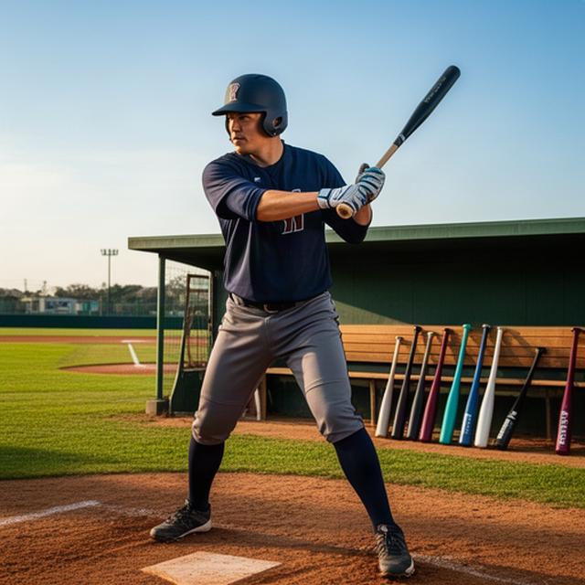 屋外の野球場でバットを構える選手とベンチに並ぶ軟式バット