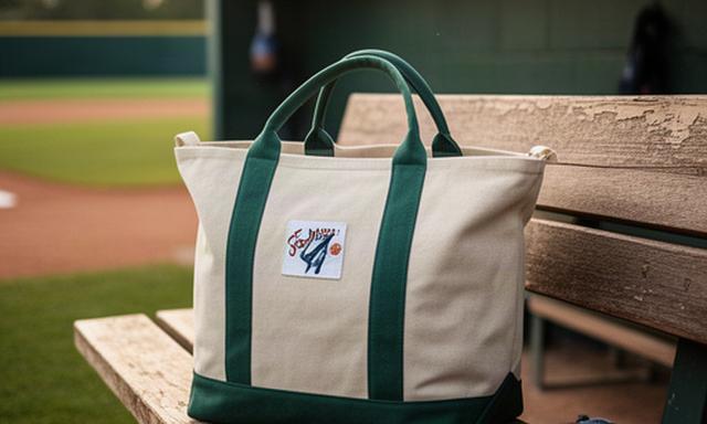 個人名を刺繍した布製の野球トートバッグをベンチ脇に置いた様子