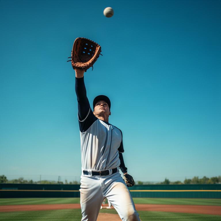 青空の野球場で外野手が大型グローブを伸ばして飛球を捕る場面