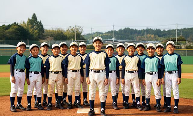 鳥取県の少年野球団がグラウンドで新しいユニフォームを着て整列する様子